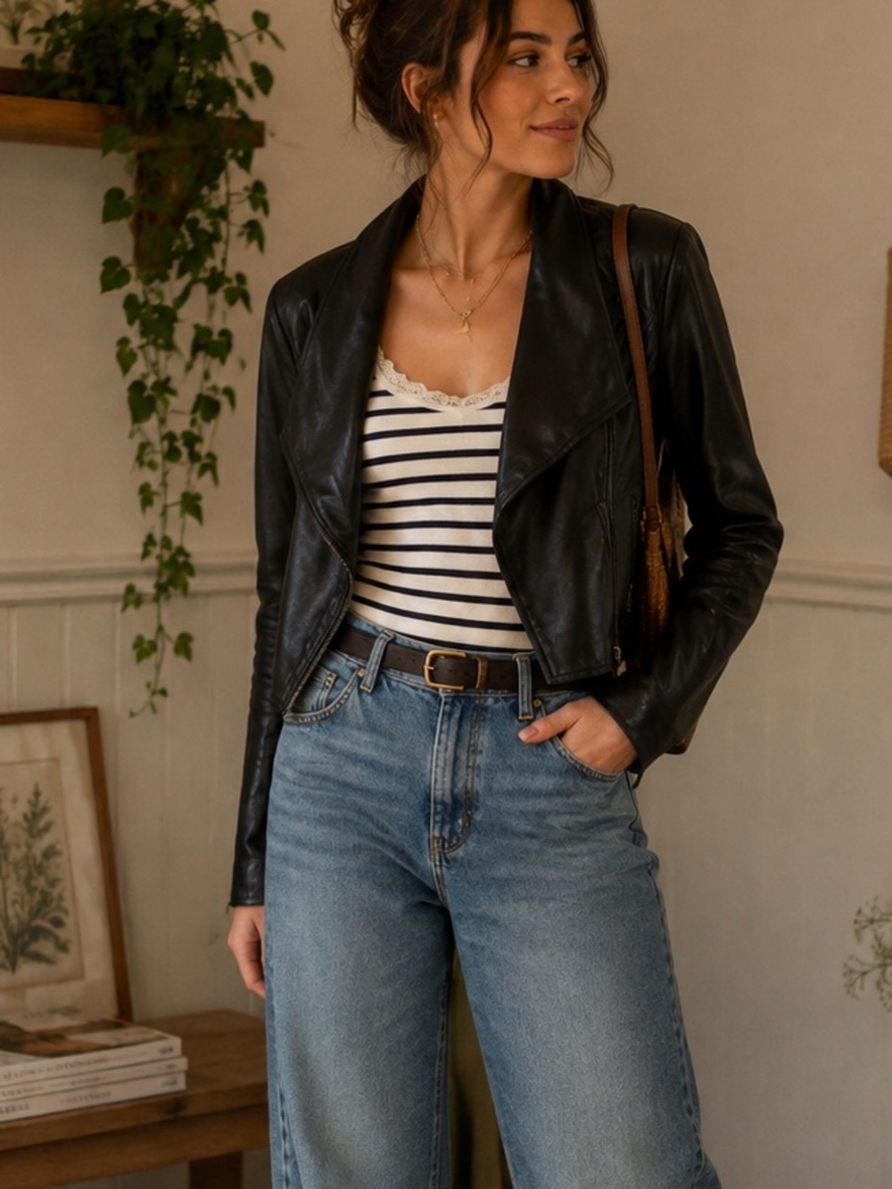 BB‎ Dakota Black Leather Draped Collar Moto Jacket